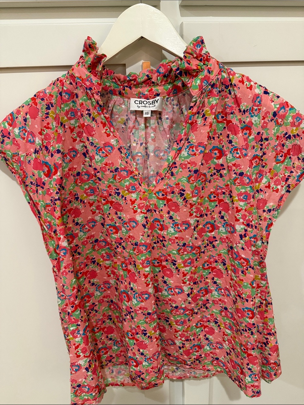 crosby. Coral Pink Floral V-Neck Ruffle Cap-Sleeve Blouse